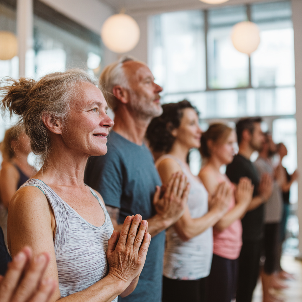 Person in ruhiger Yoga-Haltung in einem hellen, minimalistischen Studio